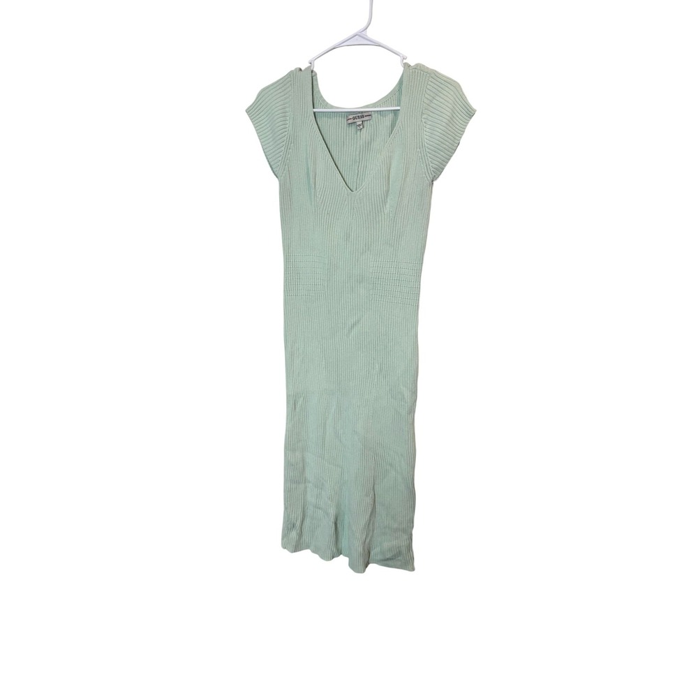 Guess Dress Womens Large Green Ribbed Knit Sweater Bodycon Midi V Neck Slit‎